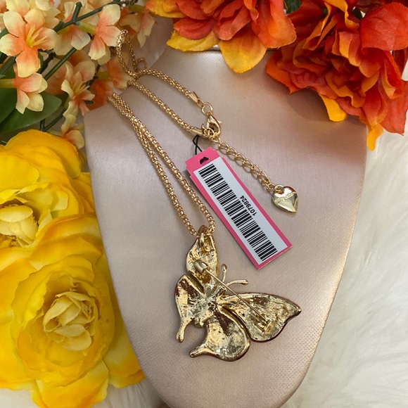 NEW! Red & Yellow Butterfly Crystal Pendant Necklace Betsey Johnson - Picture 3 of 4